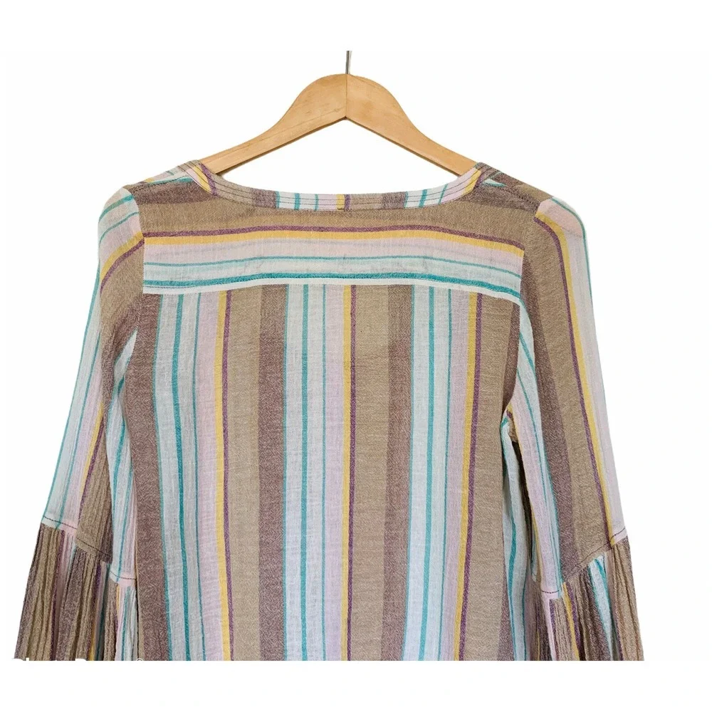 FREE PEOPLE Size S Gauze Button Down Stripe Cotton Blouse Wide Pleated Sleeve